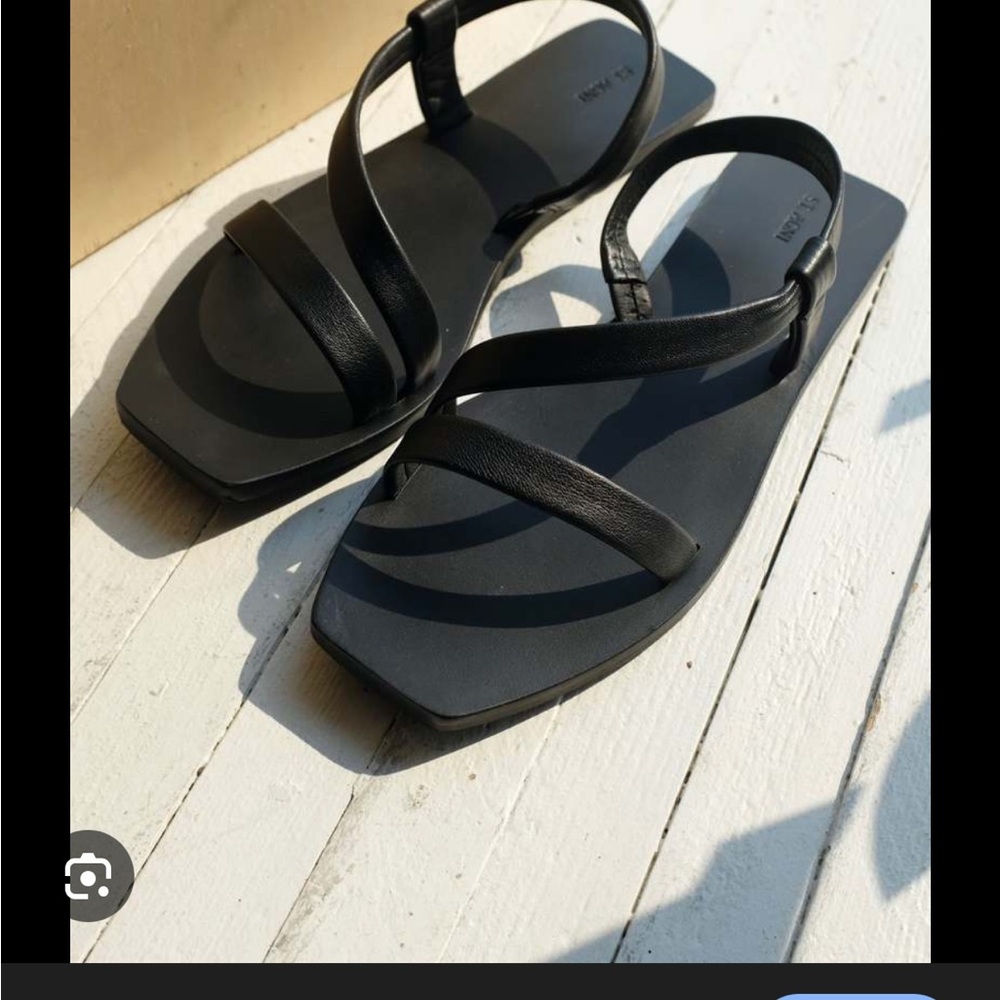 St. Agni Black Leather Strappy Flat Sandals